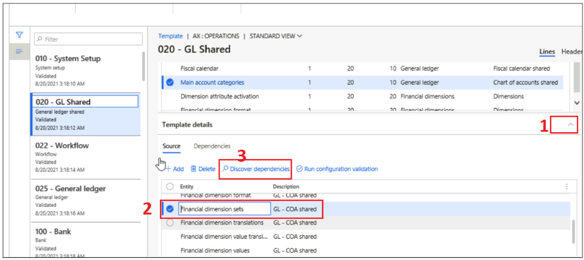 Screenshot of 020 - GL Shared with Template details expanded and Discover dependencies highlighted