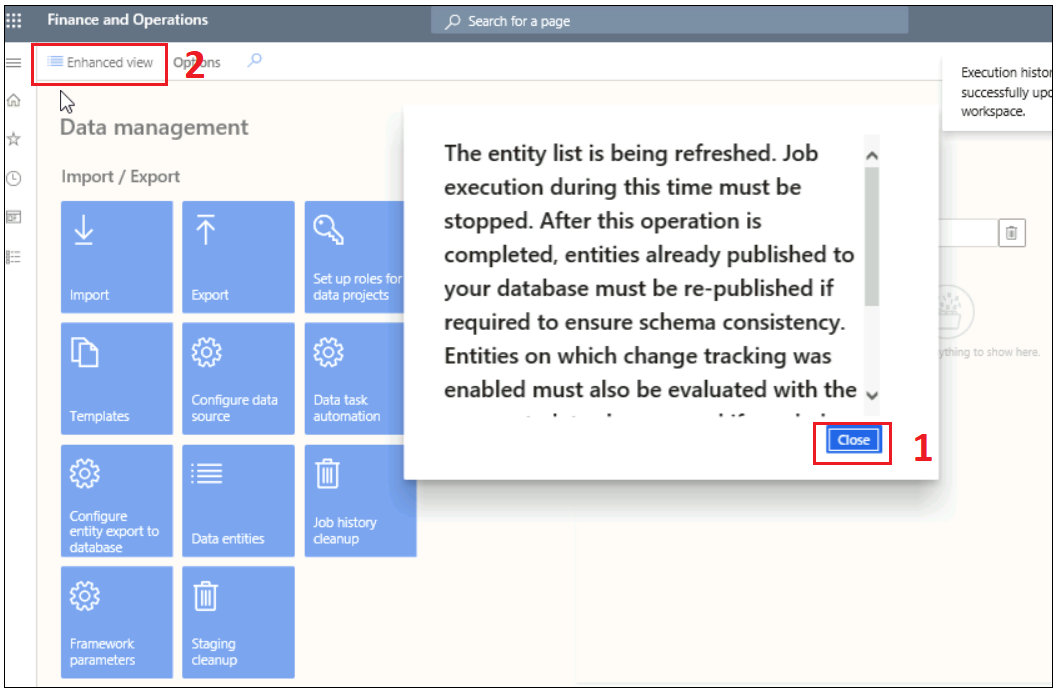 Screenshot of Data management and dialog box for entity list refesh