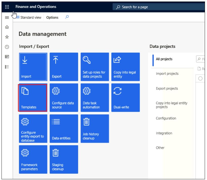 Screenshot of Data management Import / Export tiles with Templates tile highlighted