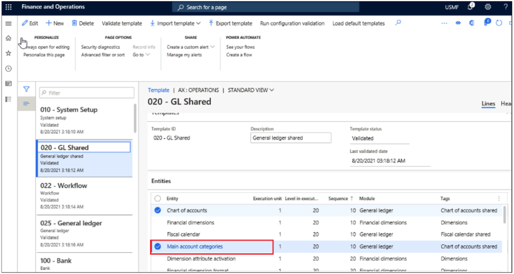 Screenshot of General ledger entities with Main account categories highlighted