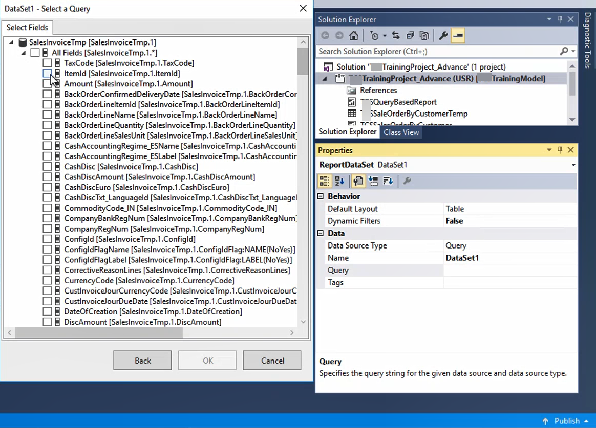 Data source properties of a report Query select fields