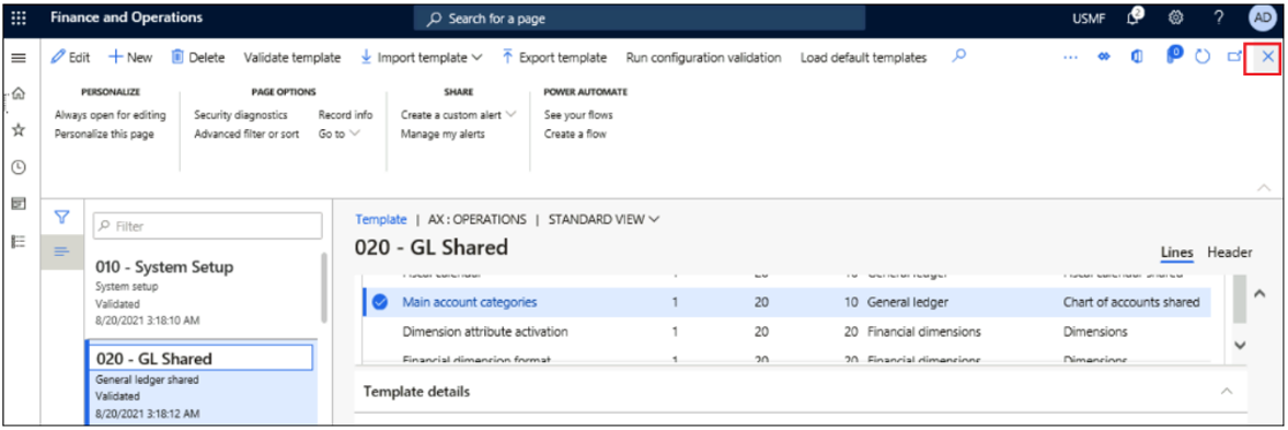 Screenshot of 020 - GL Shared entities view closing Templates page