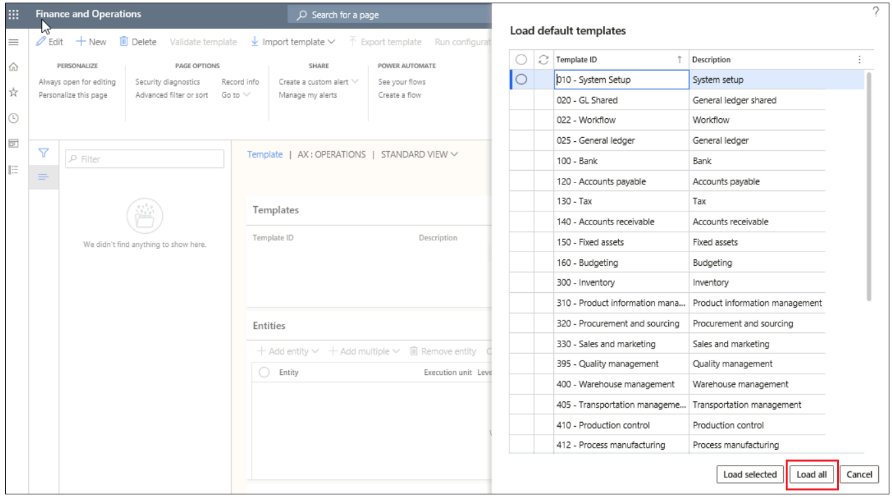 Screenshot of Load default templates menu with Load all highlighted